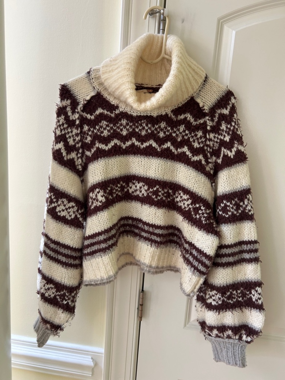Free People Cream & Brown Patterned Turtleneck Sweater